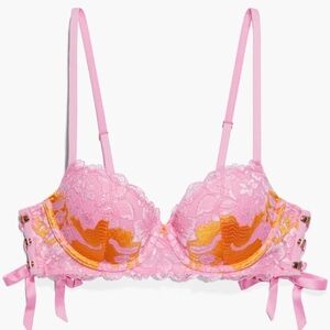 NIP Lace'd Up Padded Low Balconette Bra Lilac Pink Make Me Blush Two Tone Lace